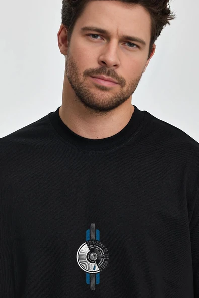 Erkek Oversize %100 Pamuk Symphony Baskılı T-shirt Siyah Edw044 - Resim 2