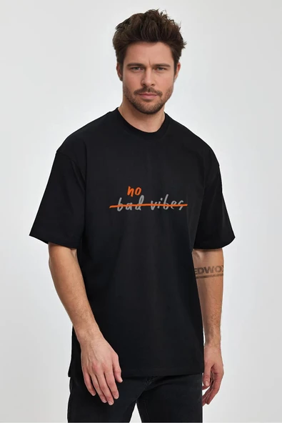Erkek Oversize %100 Pamuk Bad Vibes Baskılı T-shirt Siyah Edw051 ürün görseli