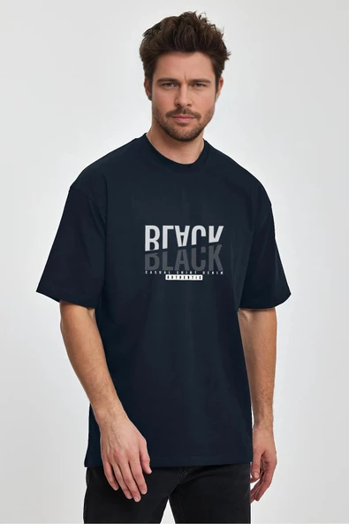 Erkek Oversize %100 Pamuk Black Baskılı T-shirt Lacivert Edw047