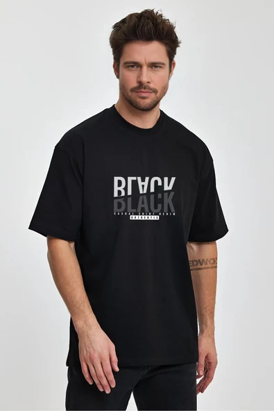 Erkek Oversize %100 Pamuk Black Baskılı T-shirt Siyah Edw047 ürün görseli