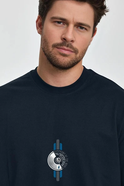 Erkek Oversize %100 Pamuk Symphony Baskılı T-shirt Lacivert Edw044 - Resim 2
