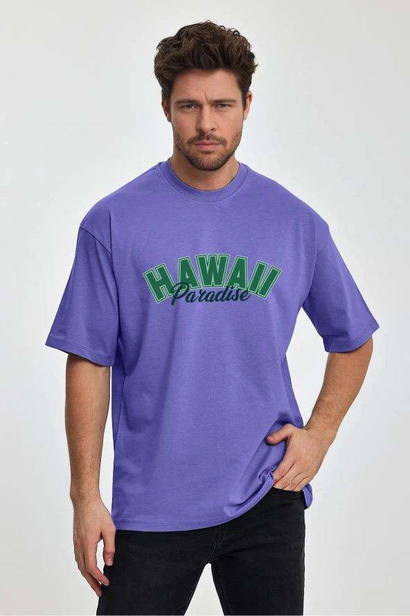 Erkek Oversize %100 Pamuk Havaii Baskılı T-shirt Mor Edw046
