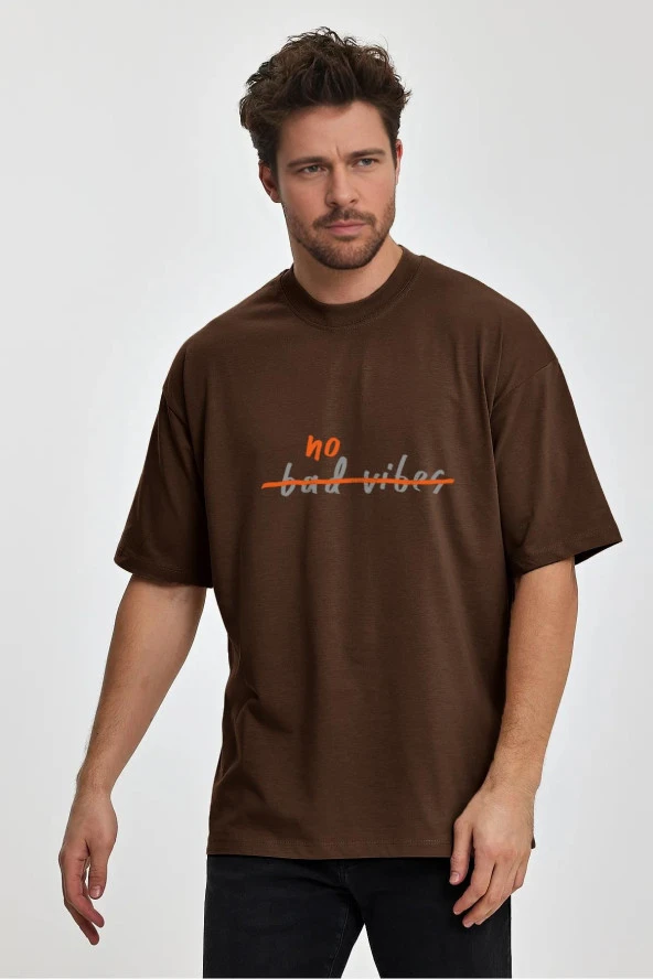 Erkek Oversize %100 Pamuk Bad Vibes Baskılı T-shirt Kahverengi Edw051