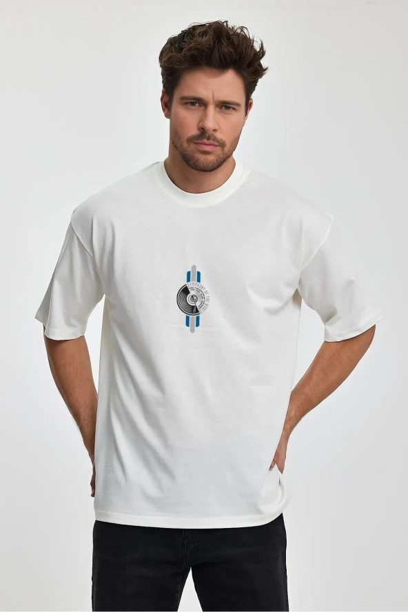 Erkek Oversize %100 Pamuk Symphony Baskılı T-shirt Ekru Edw044