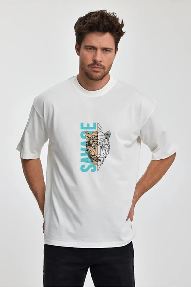 Erkek Oversize %100 Pamuk Savage Baskılı T-shirt Ekru Edw045 ürün görseli