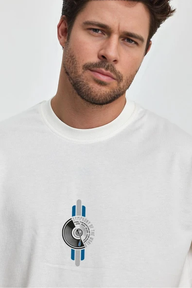 Erkek Oversize %100 Pamuk Symphony Baskılı T-shirt Ekru Edw044 - 2