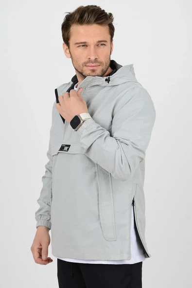 Erkek Slim Fit Krinkıl Kumaş Kanguru Cepli Yarım Fermuarlı Yağmurluk Mont Gri Edw077 - 3