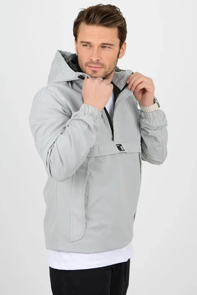 Erkek Slim Fit Krinkıl Kumaş Kanguru Cepli Yarım Fermuarlı Yağmurluk Mont Gri Edw077 - 2