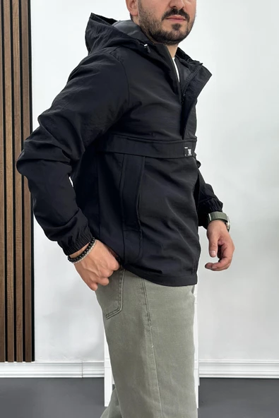 Erkek Slim Fit Krinkıl Kumaş Kanguru Cepli Yarım Fermuarlı Yağmurluk Mont Siyah Edw077 - 2