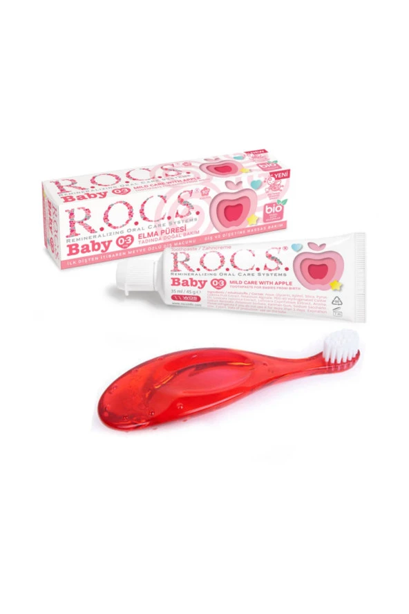 Rocs Baby Elma Püresi Tadında 0-3 Yaş Diş Macunu 45 gr + Rocs Baby 0-3 Yaş Diş Fırçası Kırmızı Set