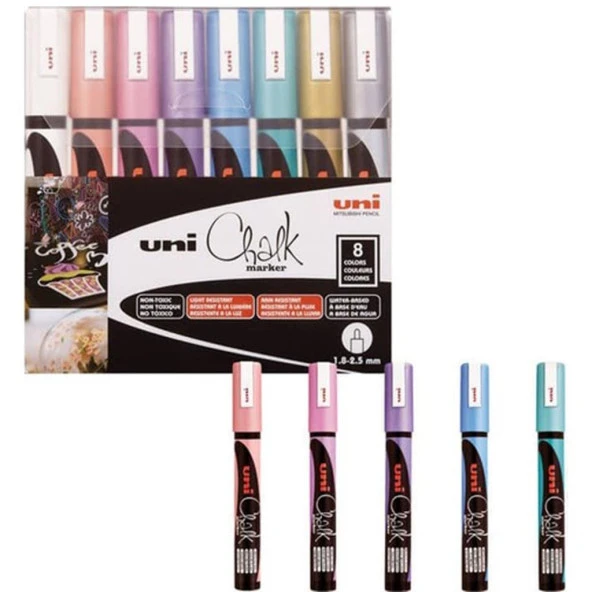 Uni-Ball CHALK 1.8-2.5 Su Bazlı Sıvı Tahta Markörü Metalik 8'Li PWE-5M/8C MC Set