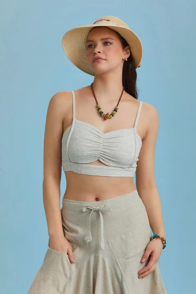 İnce Askılı Cut Out Detay Koton Krem Bralet