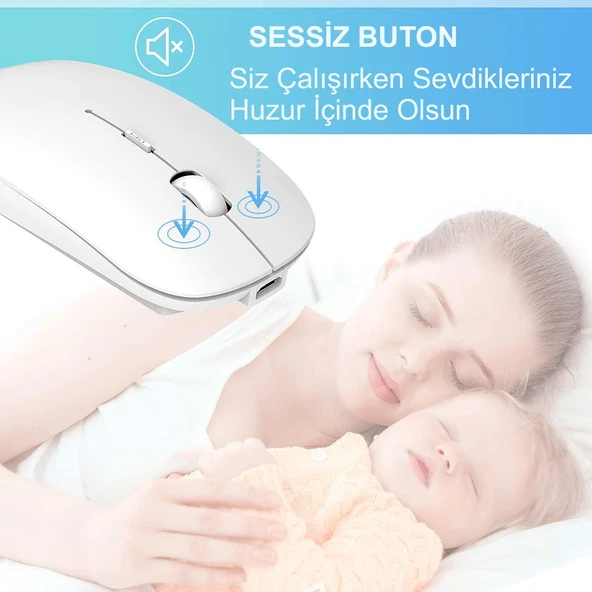 HyMark Sessiz Tıklama Şarjlı Çift Modlu Bluetooth Kablosuz 2.4Ghz Beyaz Mouse - 3