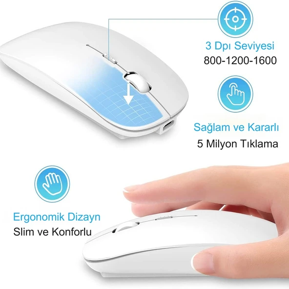 HyMark Sessiz Tıklama Şarjlı Çift Modlu Bluetooth Kablosuz 2.4Ghz Beyaz Mouse - 2