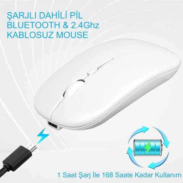 HyMark Sessiz Tıklama Şarjlı Çift Modlu Bluetooth Kablosuz 2.4Ghz Beyaz Mouse - 4