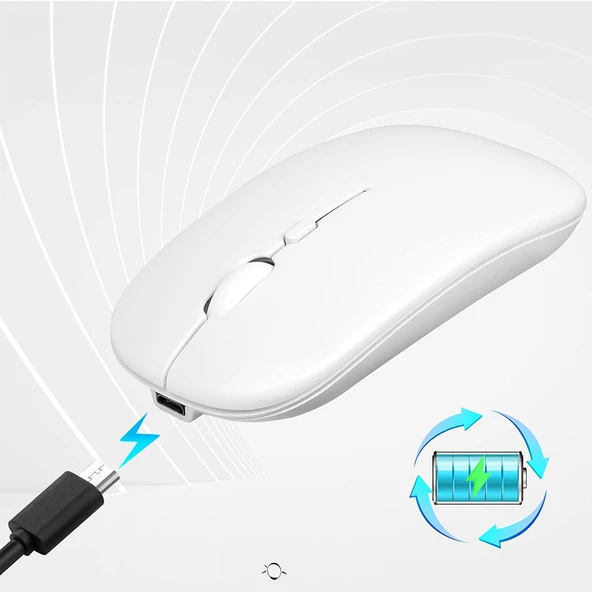 HyMark Sessiz Tıklama Şarjlı Çift Modlu Bluetooth Kablosuz 2.4Ghz Beyaz Mouse