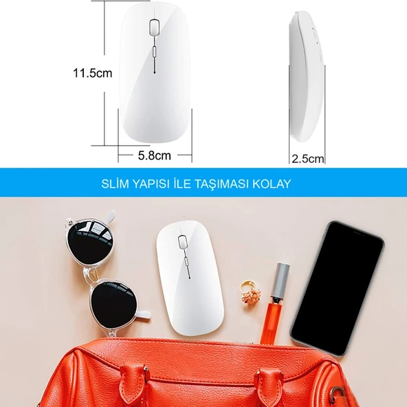 HyMark Sessiz Tıklama Şarjlı Çift Modlu Bluetooth Kablosuz 2.4Ghz Beyaz Mouse - 6
