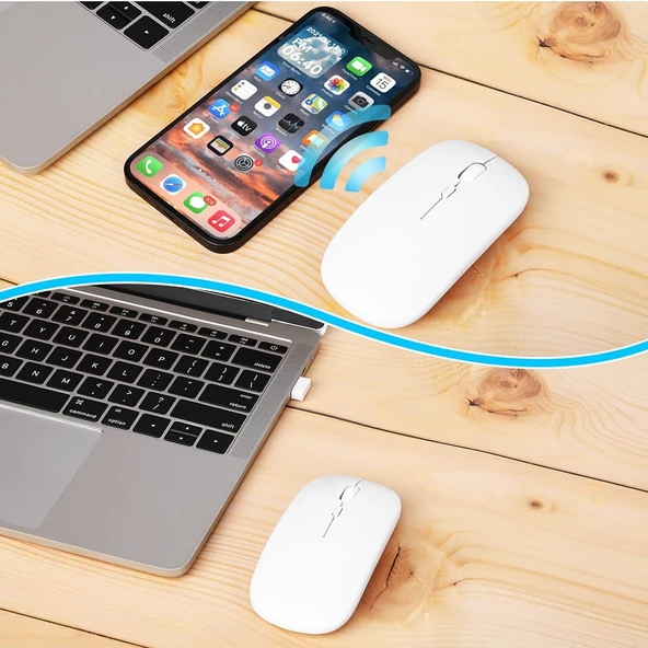 HyMark Sessiz Tıklama Şarjlı Çift Modlu Bluetooth Kablosuz 2.4Ghz Beyaz Mouse - 7