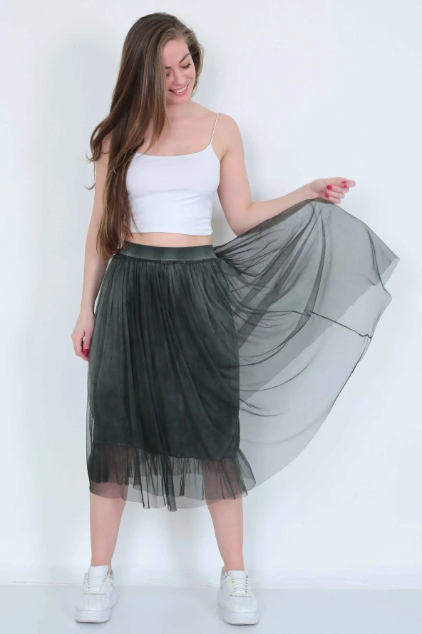 Yıkamalı Tül lü Etek - 4