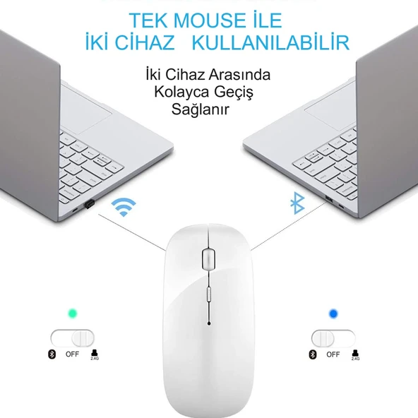 HyMark Sessiz Tıklama Şarjlı Çift Modlu Bluetooth Kablosuz 2.4Ghz Beyaz Mouse - 5
