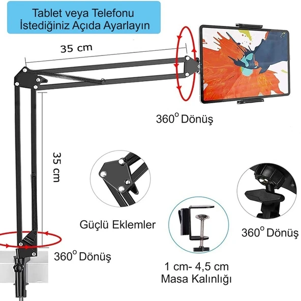 HyMark Esnek Metal Uzun Kollu Telefon Tablet Tutucu Teleskopik 360 Derece Hareketli - Resim 3
