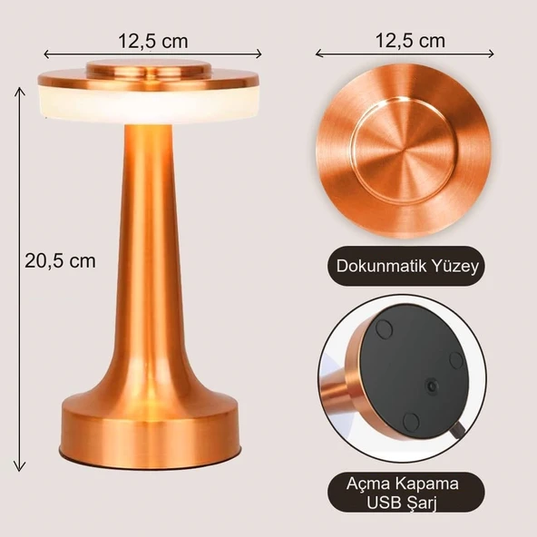 HyMark Retro Şarjlı Dekoratif Dokunmatik Metal Masa Lambası 3 Renk Mod Dim Edilebilir - 5