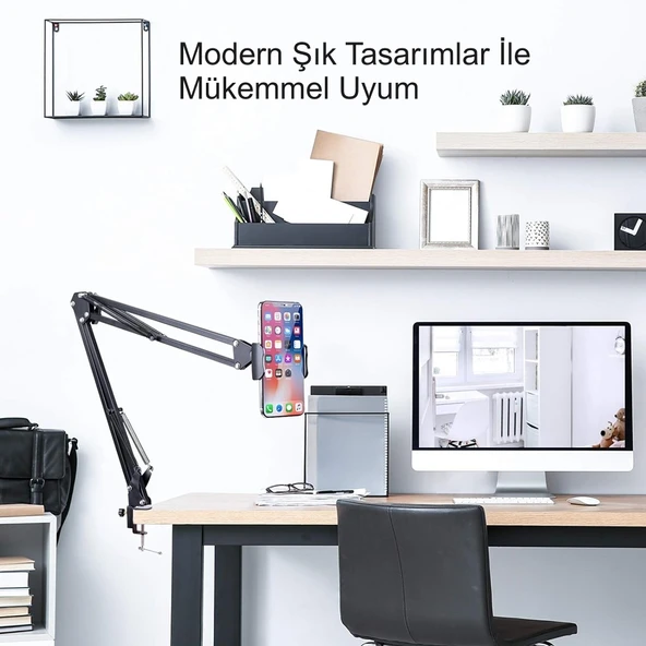 HyMark Esnek Metal Uzun Kollu Telefon Tablet Tutucu Teleskopik 360 Derece Hareketli - Resim 6
