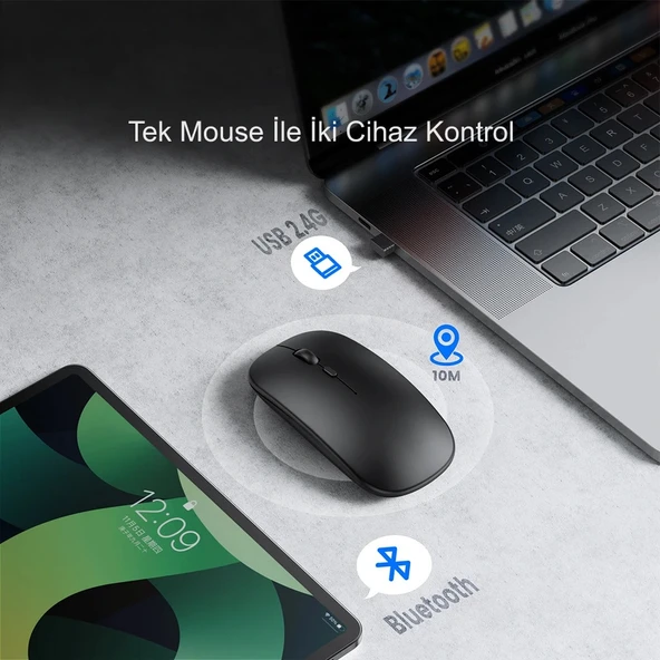 HyMark Sessiz Tıklama Şarjlı Çift Modlu Bluetooth Kablosuz 2.4Ghz Siyah Mouse - 3
