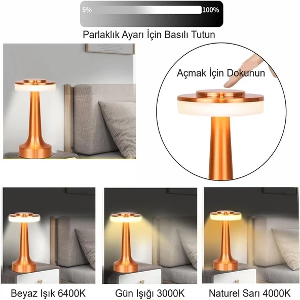 HyMark Retro Şarjlı Dekoratif Dokunmatik Metal Masa Lambası 3 Renk Mod Dim Edilebilir - Resim 5