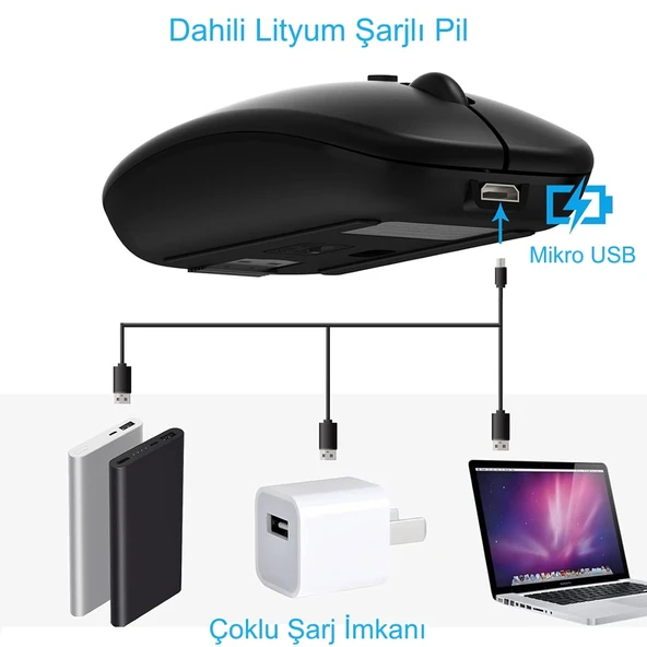 HyMark Sessiz Tıklama Şarjlı Çift Modlu Bluetooth Kablosuz 2.4Ghz Siyah Mouse - 6
