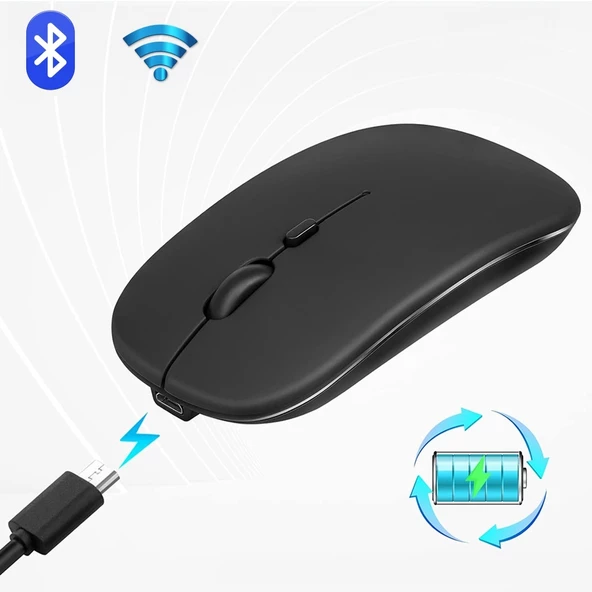 HyMark Sessiz Tıklama Şarjlı Çift Modlu Bluetooth Kablosuz 2.4Ghz Siyah Mouse