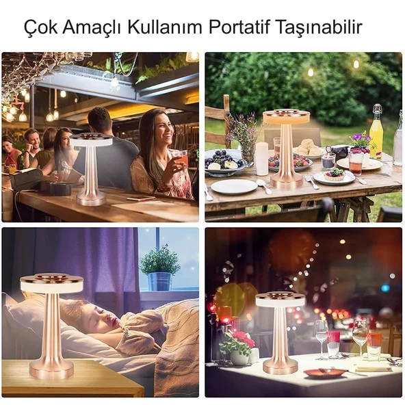HyMark Retro Şarjlı Dekoratif Dokunmatik Metal Masa Lambası 3 Renk Mod Dim Edilebilir - 4
