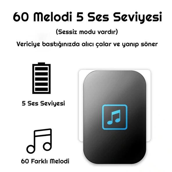 HyMark Kablosuz Led Kapı Zili 1 Buton 1 Zil 1 Koruyucu Kapak Pil Gerektirmeyen 150 Metre Çekim 60 Zil Tonu - 4