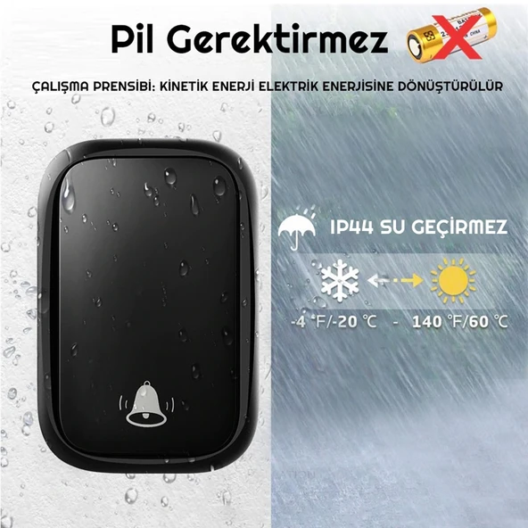 HyMark Kablosuz Led Kapı Zili 1 Buton 1 Zil 1 Koruyucu Kapak Pil Gerektirmeyen 150 Metre Çekim 60 Zil Tonu - 2