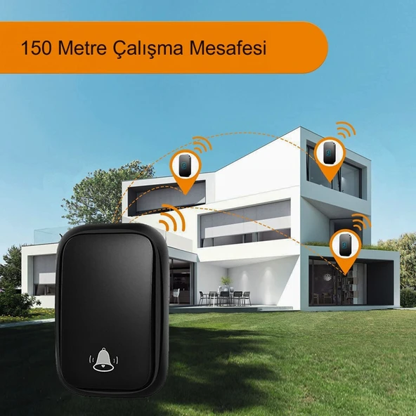 HyMark Kablosuz Led Kapı Zili 1 Buton 1 Zil 1 Koruyucu Kapak Pil Gerektirmeyen 150 Metre Çekim 60 Zil Tonu - Resim 3