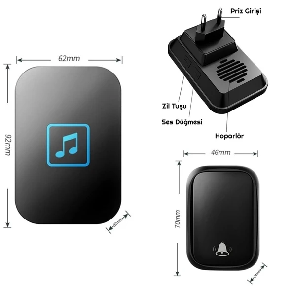 HyMark Kablosuz Led Kapı Zili 1 Buton 1 Zil 1 Koruyucu Kapak Pil Gerektirmeyen 150 Metre Çekim 60 Zil Tonu - Resim 6