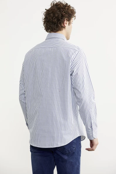 Kareli Uzun Kol Cepli Gömlek - Saks - Resim 6