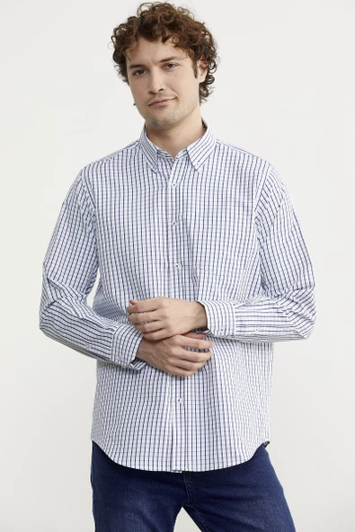 Kareli Uzun Kol Cepli Gömlek - Saks - Resim 4