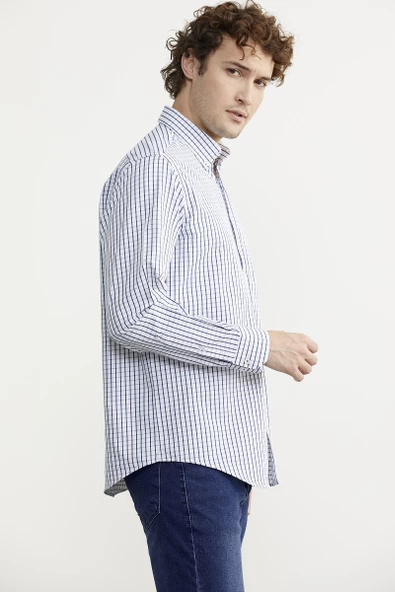 Kareli Uzun Kol Cepli Gömlek - Saks - Resim 5