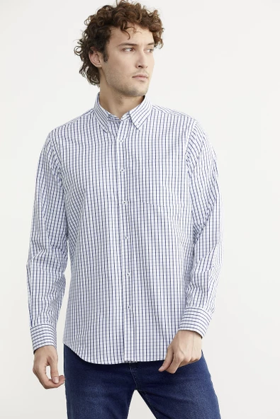 Kareli Uzun Kol Cepli Gömlek - Saks - Resim 3