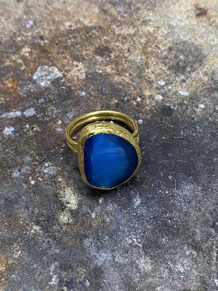 Güneş Taşı Serisi Fasülye Kesim Kedi Gözü Taşlı El İşi Kadın Altın Kaplama Yüzük Ayarlanabilir Ölçü - 7