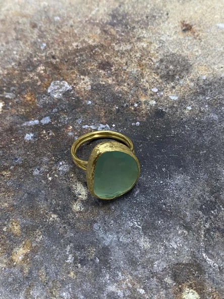 Güneş Taşı Serisi Fasülye Kesim Kedi Gözü Taşlı El İşi Kadın Altın Kaplama Yüzük Ayarlanabilir Ölçü - 5