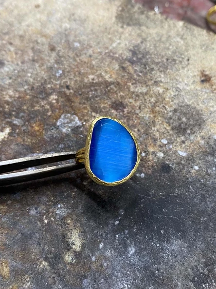 Güneş Taşı Serisi Fasülye Kesim Kedi Gözü Taşlı El İşi Kadın Altın Kaplama Yüzük Ayarlanabilir Ölçü - 4