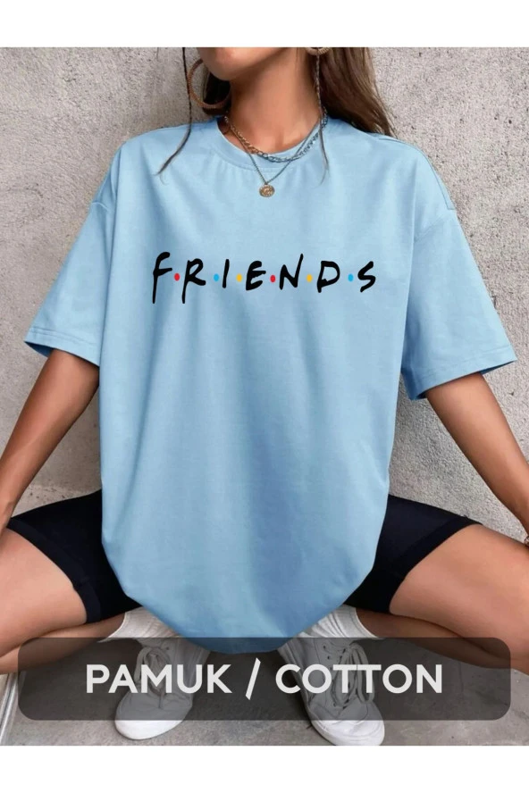 Friends Baskılı Oversize Bebe Mavisi T-Shirt (Pamuk & Unisex)