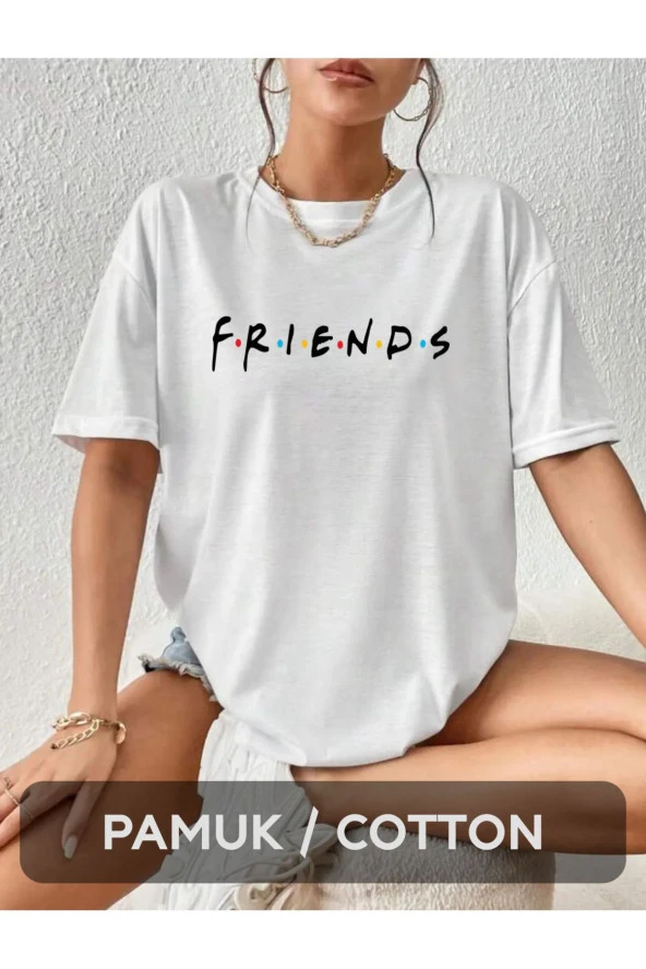 Friends Baskılı Oversize Beyaz T-Shirt (Pamuk & Unisex)