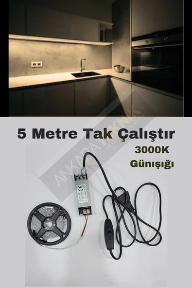 Mutfak Dolabı Için 5 Mt.  Şerit Led 12v Adaptör Aç Kapa Anahtarlı