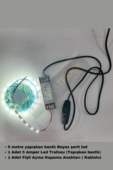Mutfak Dolabı Için 5 Mt.  Şerit Led 12v Adaptör Aç Kapa Anahtarlı - 5