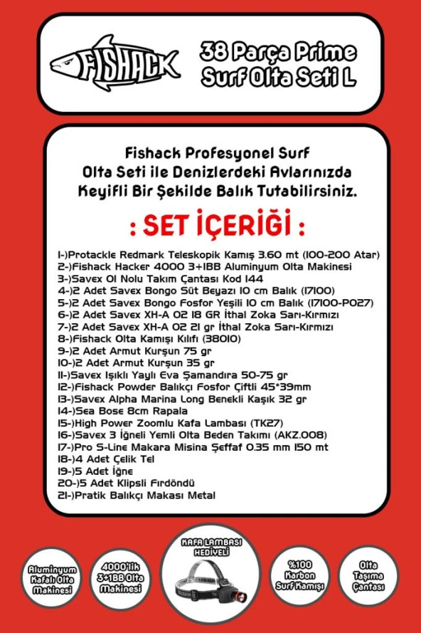 Fishack 38 Parça Surf Prime Deniz Olta Seti L - 3.60MT / 100-200GR - 2