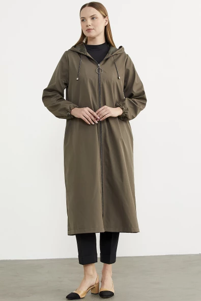 Büyük Beden Kapüşonlu Fermuarlı Uzun Trençkot - Haki - 3