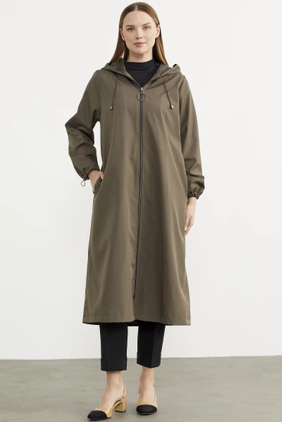 Büyük Beden Kapüşonlu Fermuarlı Uzun Trençkot - Haki - 2